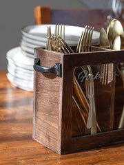 Load image into Gallery viewer, Dark Brown Wooden Cutlery Caddy with Knife, Fork, and Spoon Pictures
