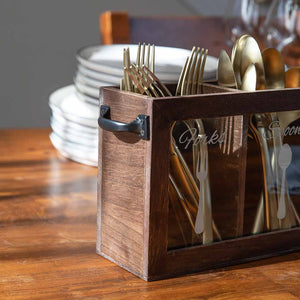 Dark Brown Wooden Cutlery Caddy with Knife, Fork, and Spoon Pictures