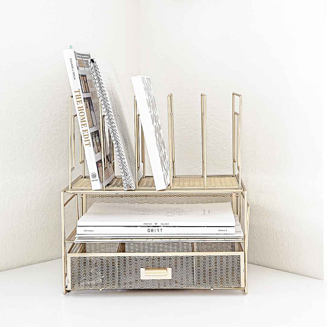 Blu Monaco Fontvieille Desk Organizer with File Sorters and Drawer - Rose Gold