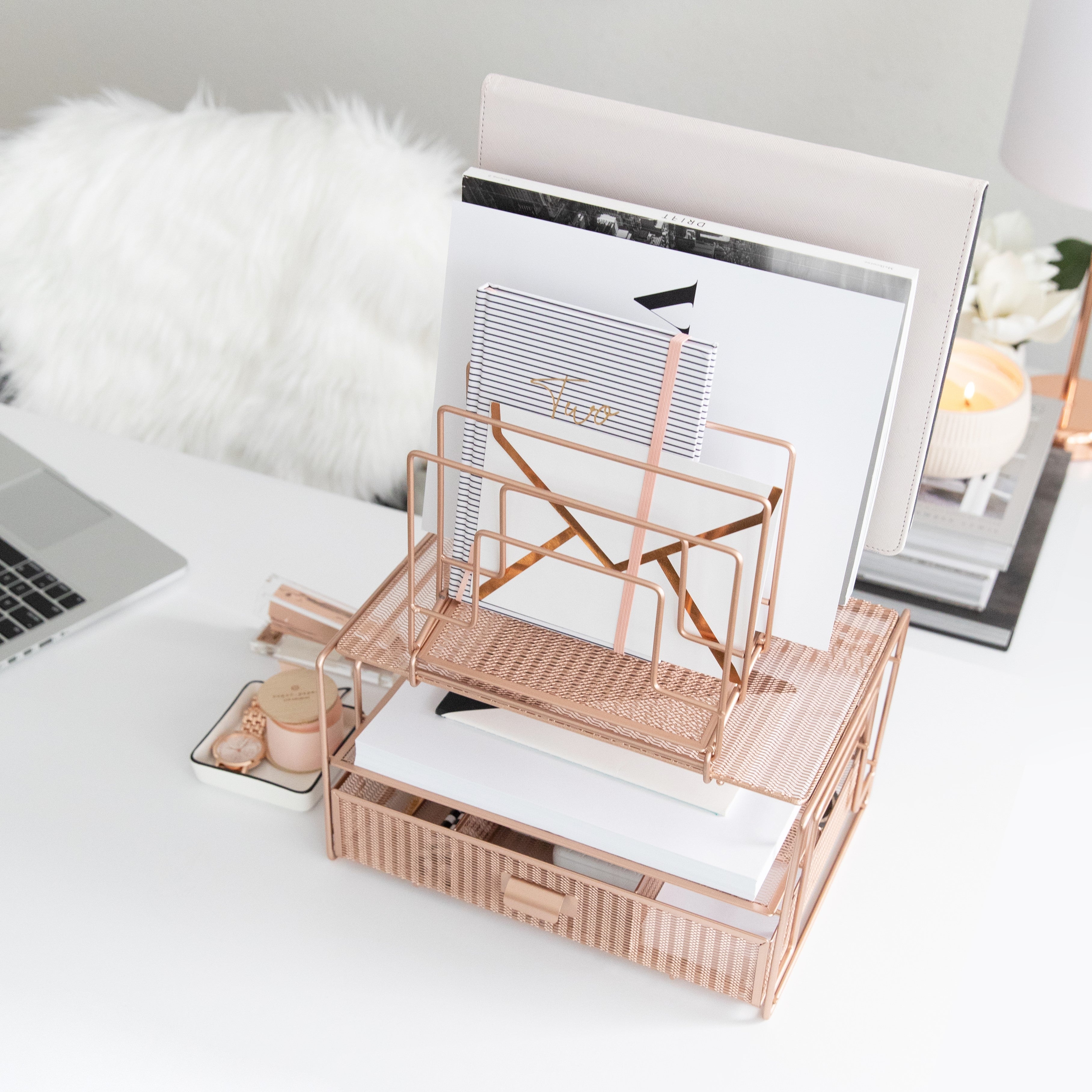 Blu Monaco Monte Unique Metal Rose Gold Desk Organizer with Drawer