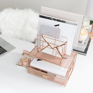 Load image into Gallery viewer, Rose Gold Desk Organizer with File sorters and Drawer
