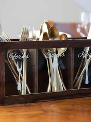 Load image into Gallery viewer, Dark Brown Wooden Cutlery Caddy with Knife, Fork, and Spoon Pictures
