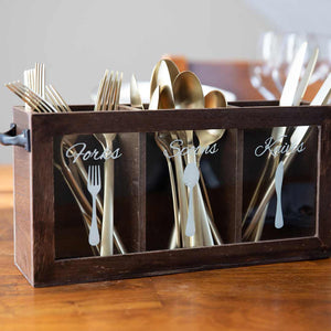 Dark Brown Wooden Cutlery Caddy with Knife, Fork, and Spoon Pictures