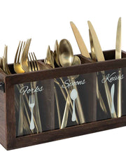 Load image into Gallery viewer, Dark Brown Wooden Cutlery Caddy with Knife, Fork, and Spoon Pictures
