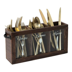 Dark Brown Wooden Cutlery Caddy with Knife, Fork, and Spoon Pictures