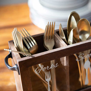 Load image into Gallery viewer, Dark Brown Wooden Cutlery Caddy with Knife, Fork, and Spoon Pictures
