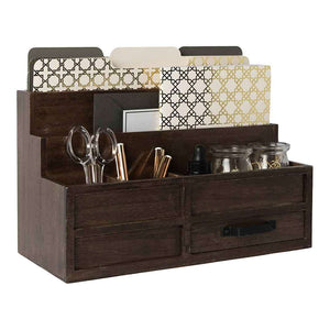 Brown Wood Mail Organizer with Pen Holder and Drawer