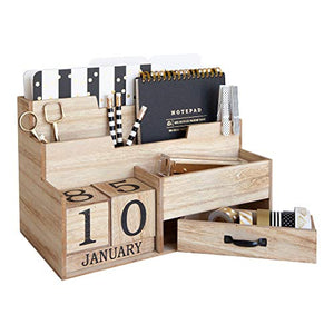 Wooden Mail Organizer Desktop with Block Calendar – Mail Sorter Countertop Organizer – Desk Decorations for Women Office - Blu Monaco