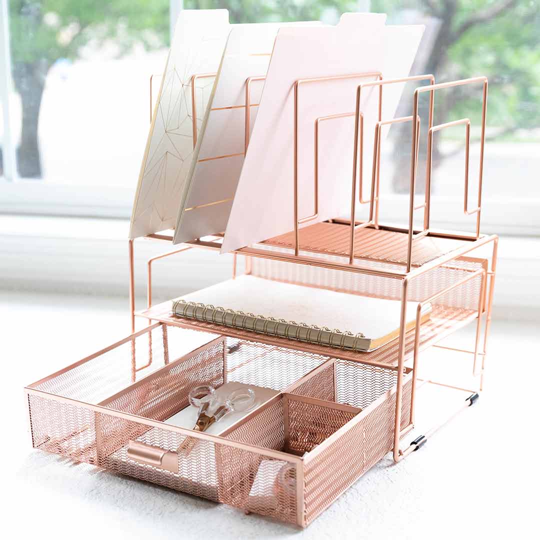 Rose Gold Desk Organizer for Women, Mesh All in One Desktop Organization  Storage