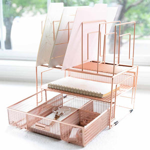 Fontvieille Desk Organizer with File Sorters and Drawer - Rose Gold