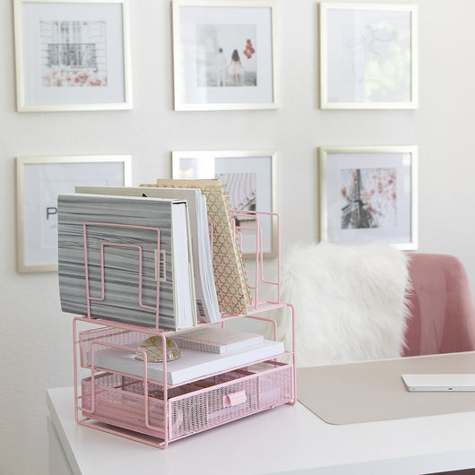 Fontvieille Desk Organizer with File Sorters and Drawer - Pink