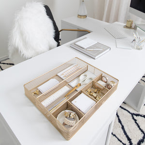 Load image into Gallery viewer, Blu Monaco Desk Drawer Organizer Tray for Office Organization - Gold Metal Large Drawer Organizer Bins - Desk Drawer Organizers and Accessories Tray Organizer
